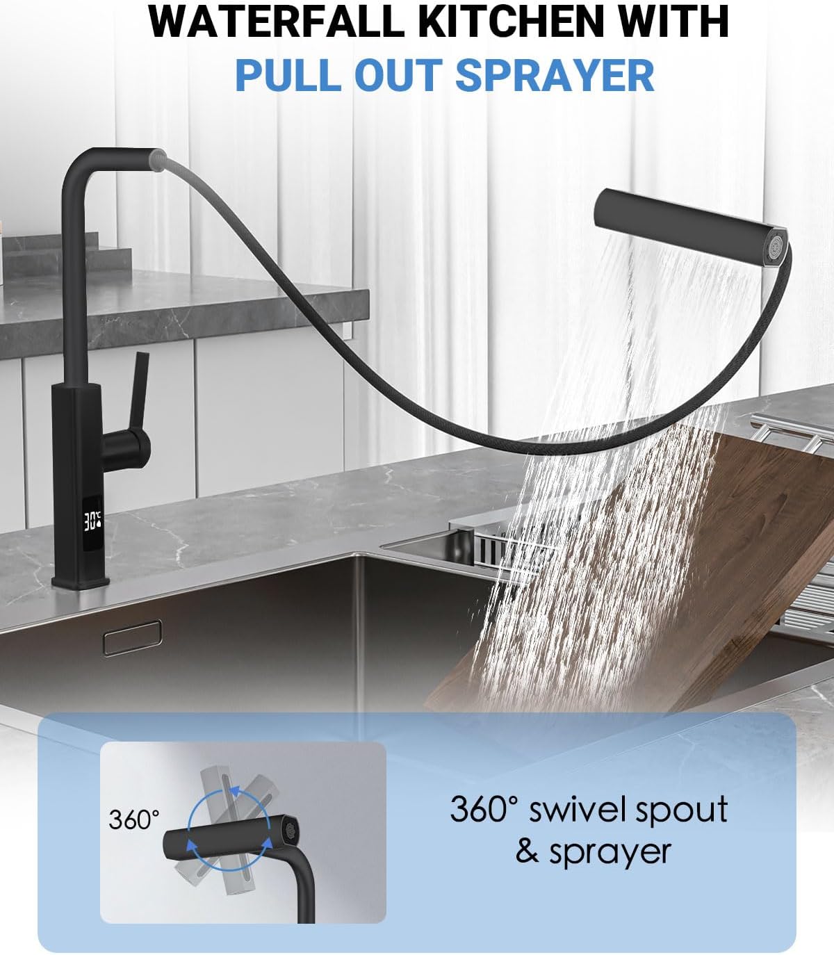 Black Kitchen Faucet with Pull Down Sprayer, Waterfall Pull Out Kitchen Faucet with Temperature(Batteries-Free), 4 Mode Faucet & 360 Swivel Spout, Single Handle Faucet for 1 Hole Sink